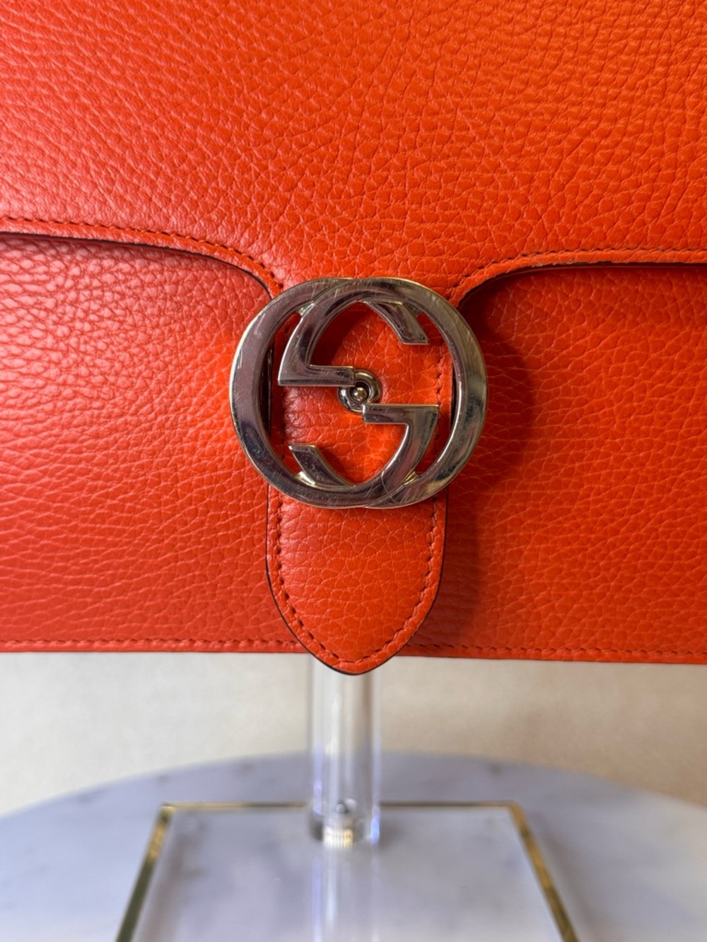 Gucci Authentic Red-Orange Leather Shoulder Bag with Silver Chain Like New w COA - Picture 5 of 14